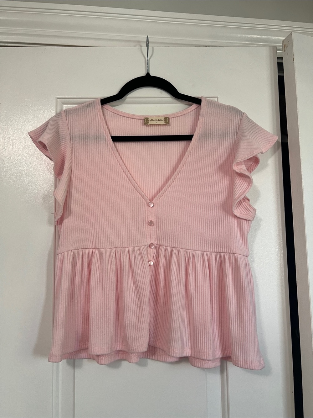 Altar'd State Pink Ribbed V-Neck Peplum Top with Flutter Sleeves